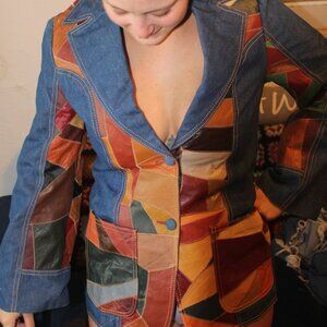 Vintage XL Women's Leather Patchwork Jean Jacket by Rosemary Very Rare